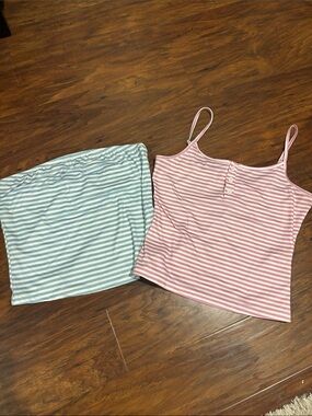 Blue Striped Tube Top & Pink Striped Spaghetti Strap Tank Top